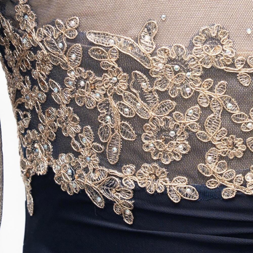 XSCAPE  Embellished Illusion-Bodice Ruched Gown Long Sleeve Modest sz 10P NWT - Picture 11 of 12